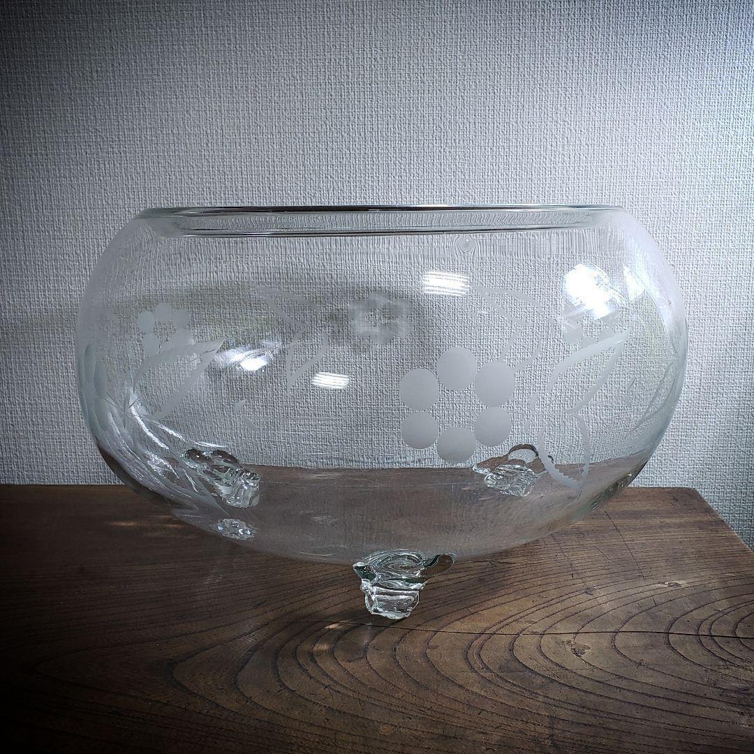 金魚鉢 明治 大正 昭和初期 昭和レトロ 切子 グラビュール 花 猫足 気泡多数