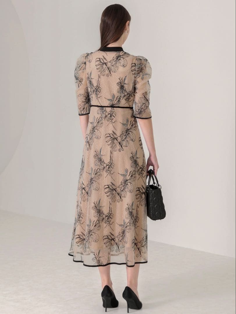 パイピングハイネック花柄ラメレースワンピースドレス結婚式二次会パーティー成人式