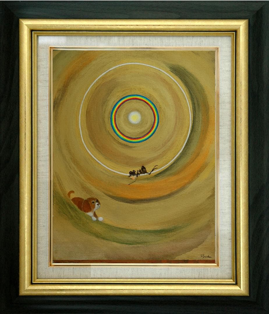 油絵菅家令子絵 絵画インテリア額付(青緑＋金色の枠)F6-070119祈り犬女子