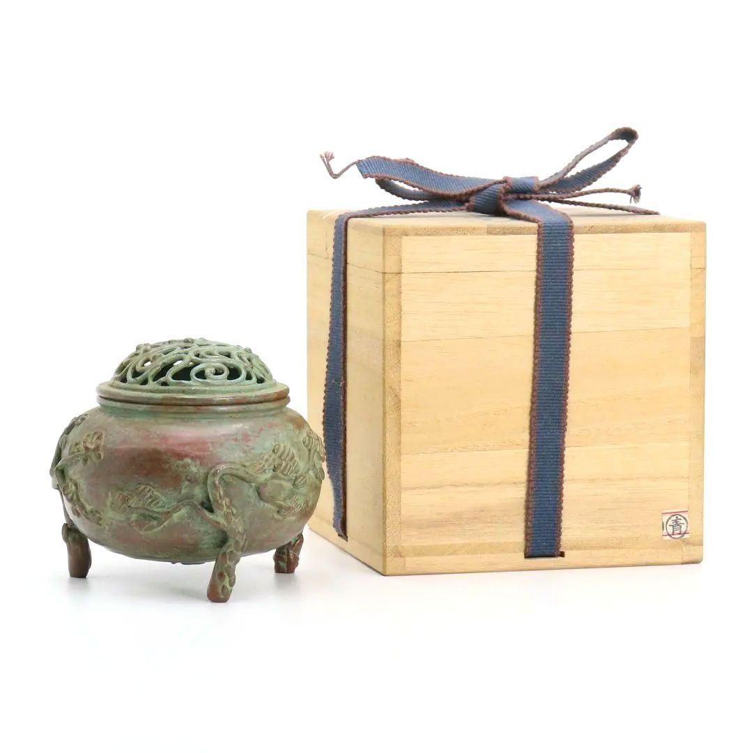 須賀月芳造 蝋型鋳銅香炉 松竹梅文 歳寒三友 高岡銅器　AB149　1F20