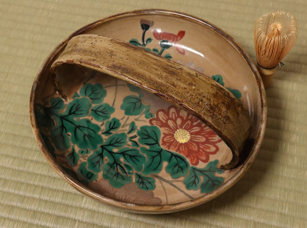 乾山焼 三代乾山 菊図 手付菓子器 木箱 陶芸 草花 鉢 時代【MA480】