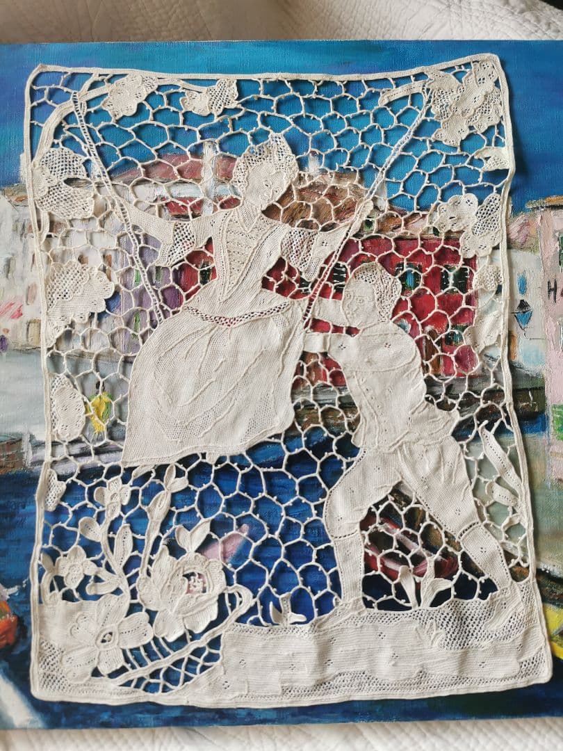 アンティークイタリア ポワンドローズヴェニスレース ブランコを漕ぐ男女のカップル