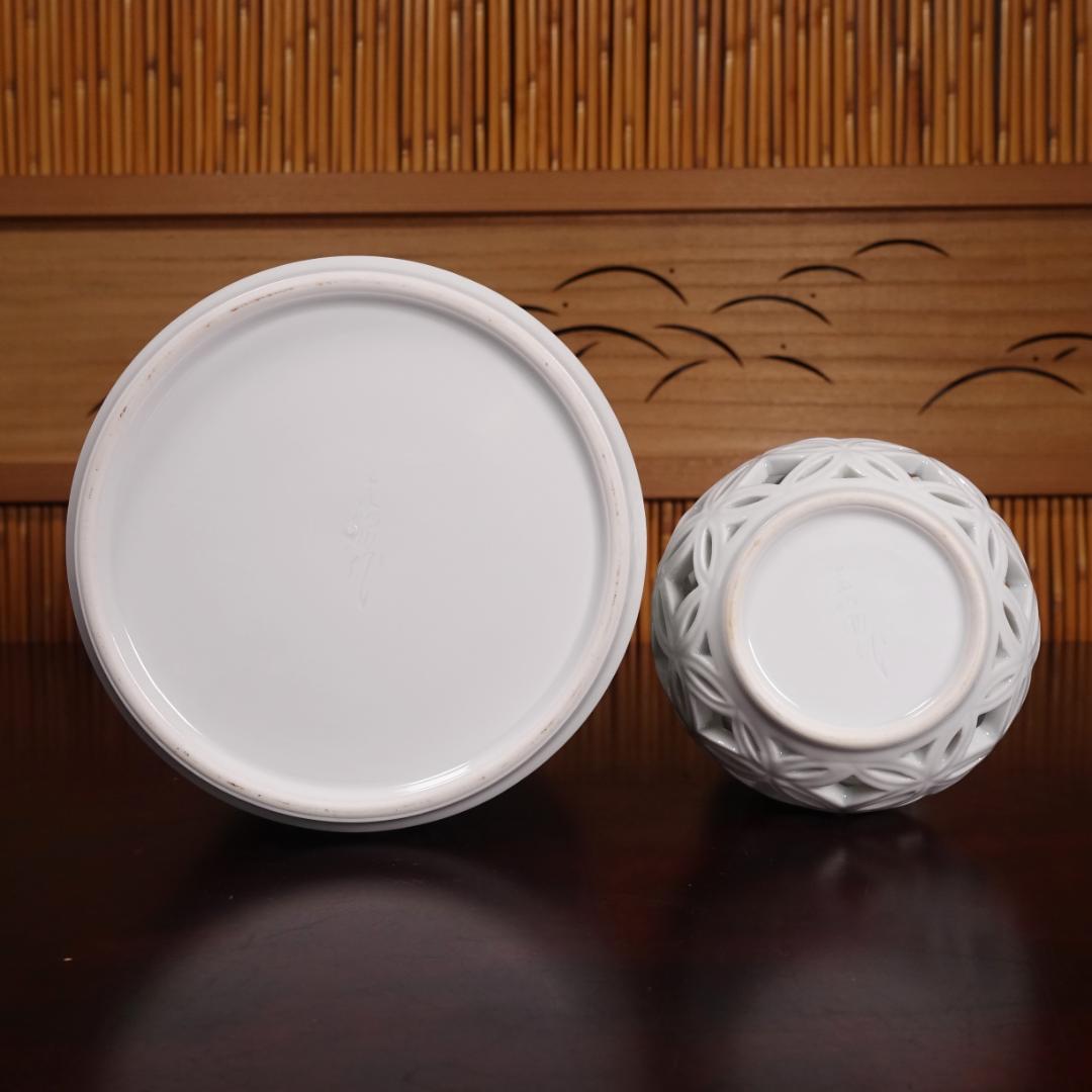 13代 横石嘉助 白磁七宝透 皆具 共箱 茶道具 平戸焼