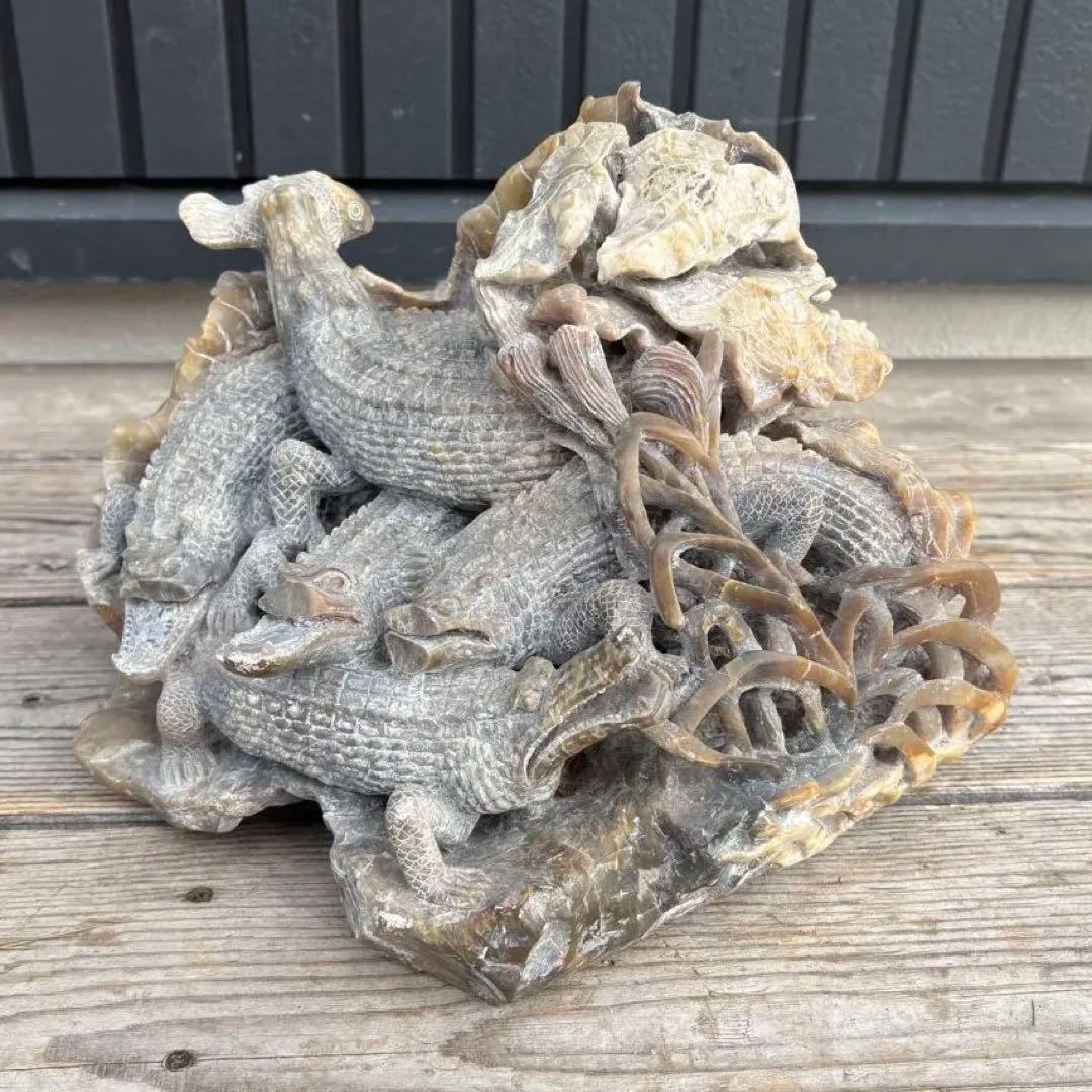 中国骨董 ワニ 置物 彫刻 天然石 オブジェ レトロ ジャンク ワニ群像 置物