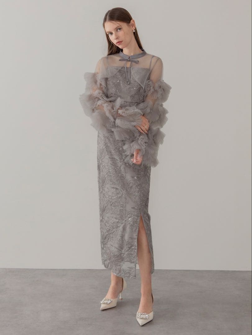 フリルチュールスリーブリボンIラインワンピースドレス結婚式二次会成人式パーティー