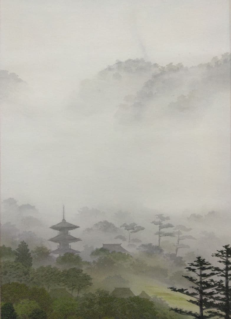 小暮成起【師：前田青邨】彩色山水　絹本　掛軸