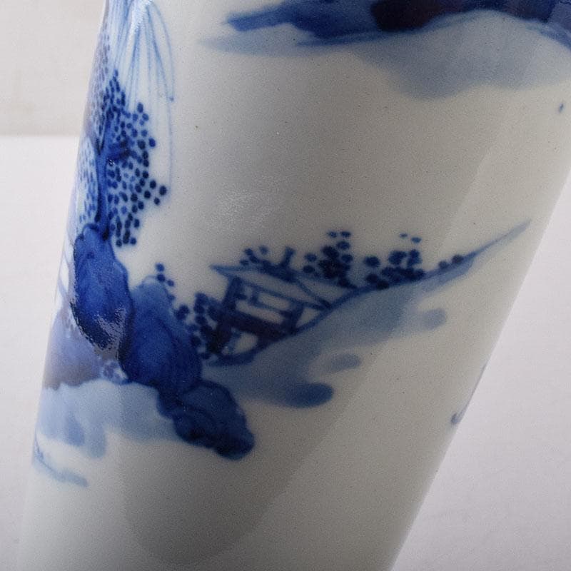 したん　中国　青花　花唐草山水文　双耳瓶　在銘　時代箱　V　R8594