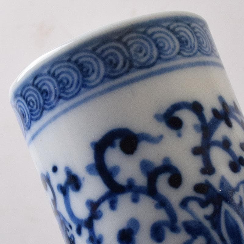 したん　中国　青花　花唐草山水文　双耳瓶　在銘　時代箱　V　R8594