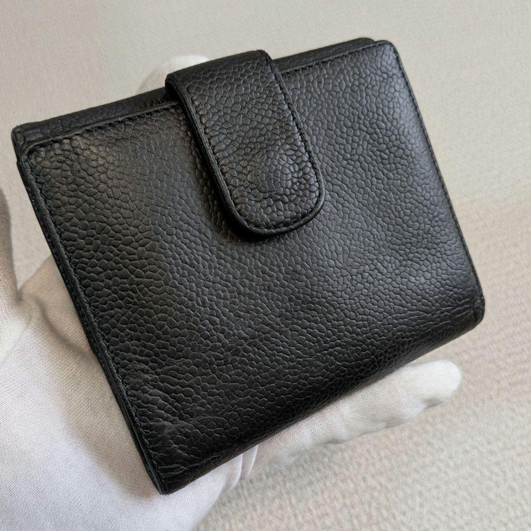 シャネル　デカココ　Wホック折り財布　黒　キャビアスキン　チェーン　ウォレット