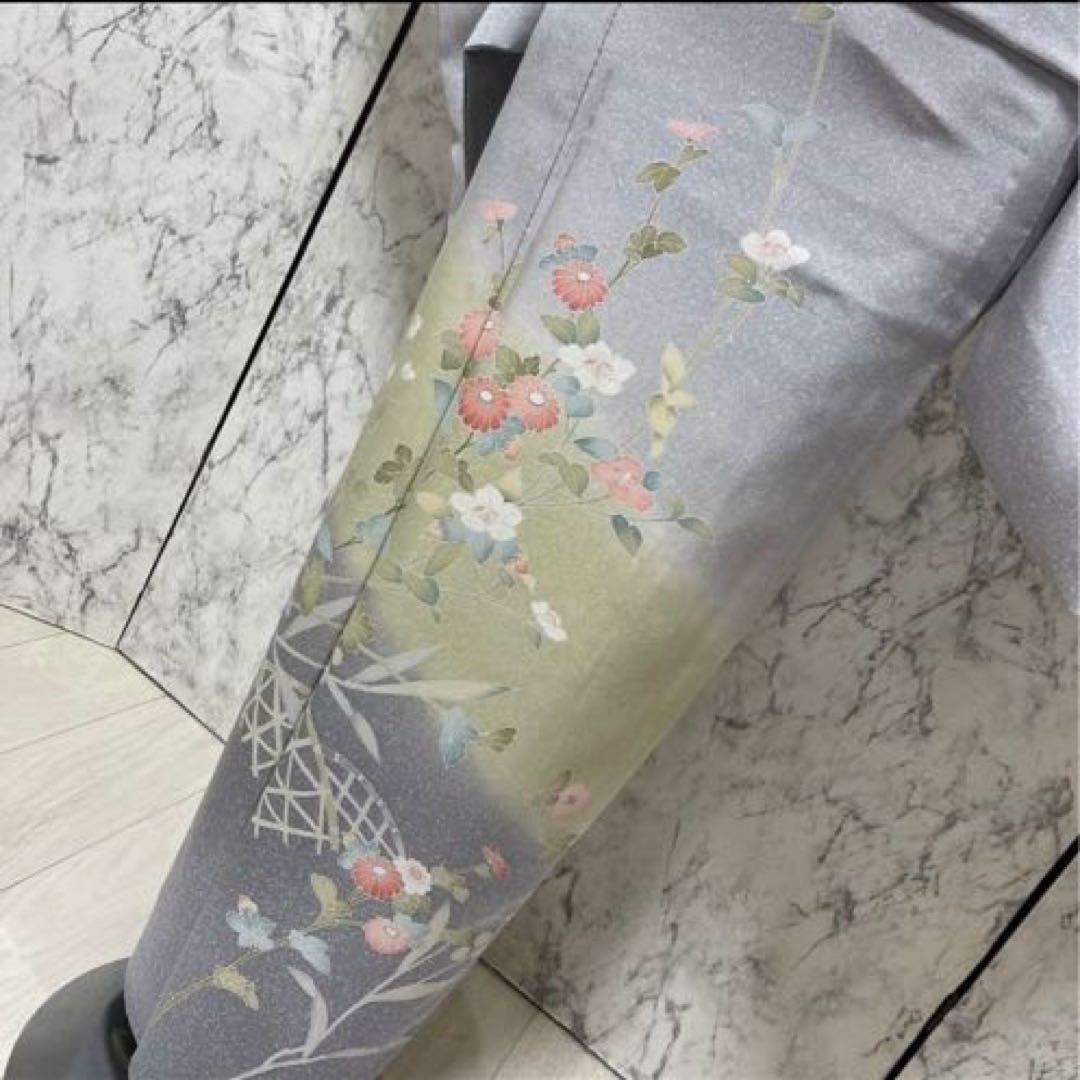 夏着物正絹 叩き染め お花柄 訪問着 一つ紋 帯セット