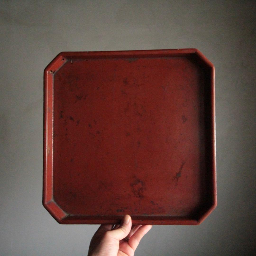隅切 折敷 朱塗り 盆 No.3 古美術 古道具 アンティーク 折敷盆
