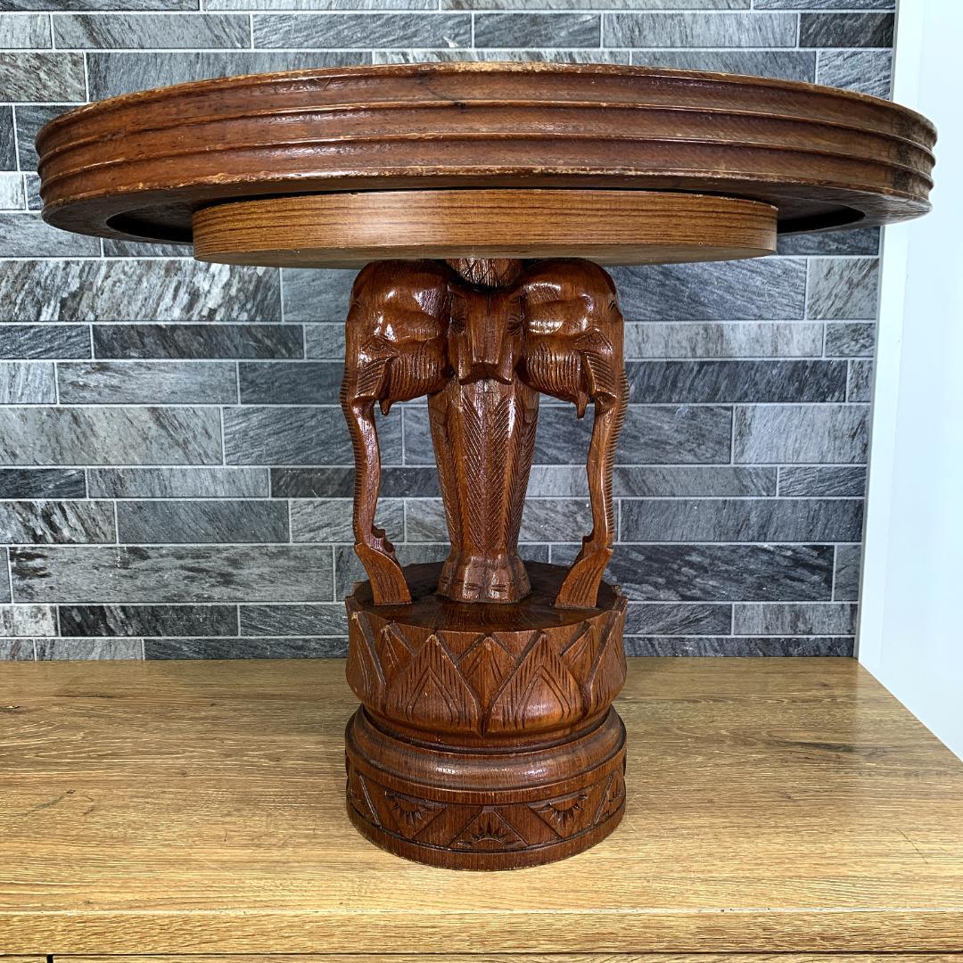 インド民芸品　木彫り机　天板直径51.5㎝サイズ　花台　サイドテーブル