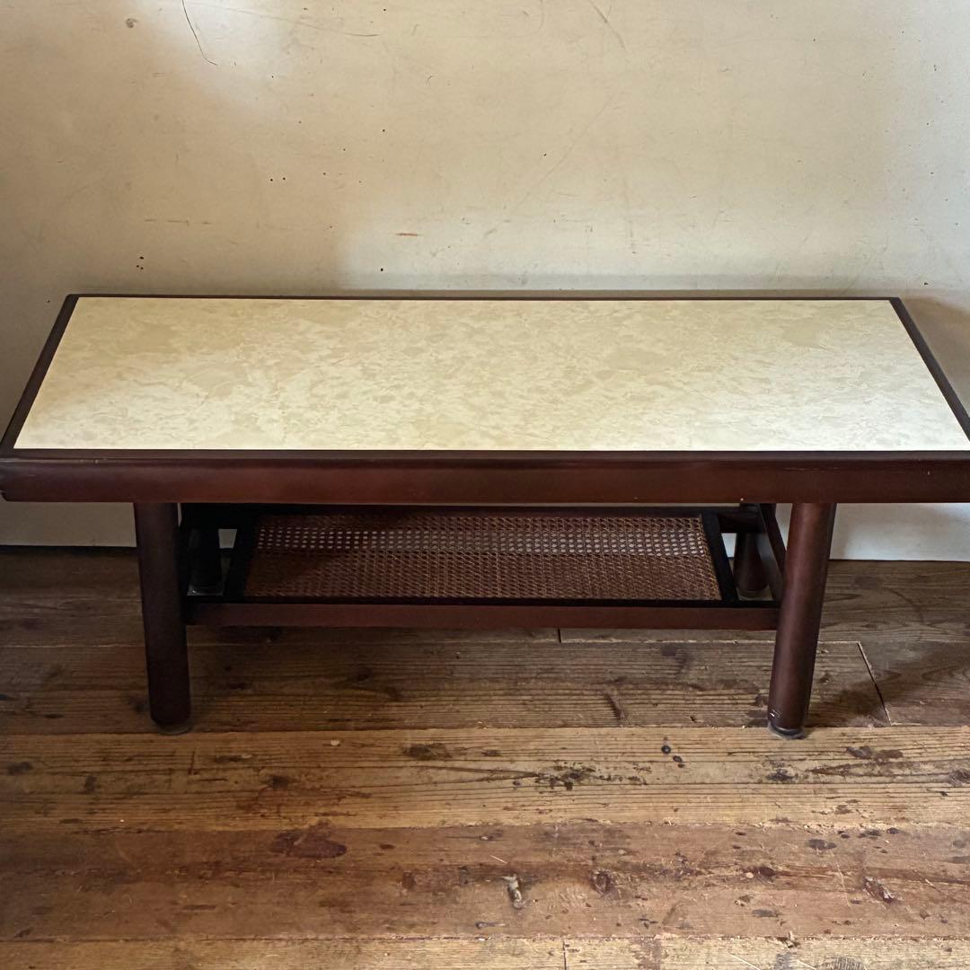 オールドカリモク ヴィンテージ センターテーブル マーブル ラタン レトロ