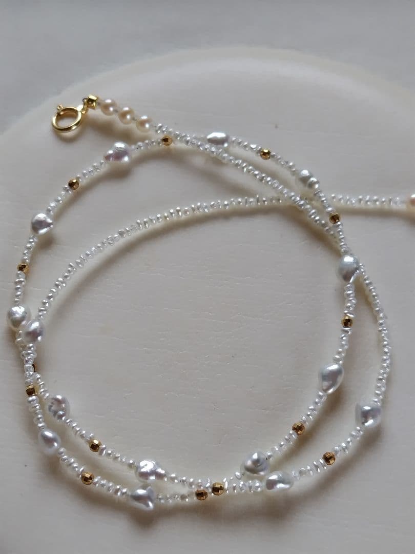 K18 アコヤ真珠ケシパール、あこや砂芥子パールの、オメガ風ネックレス