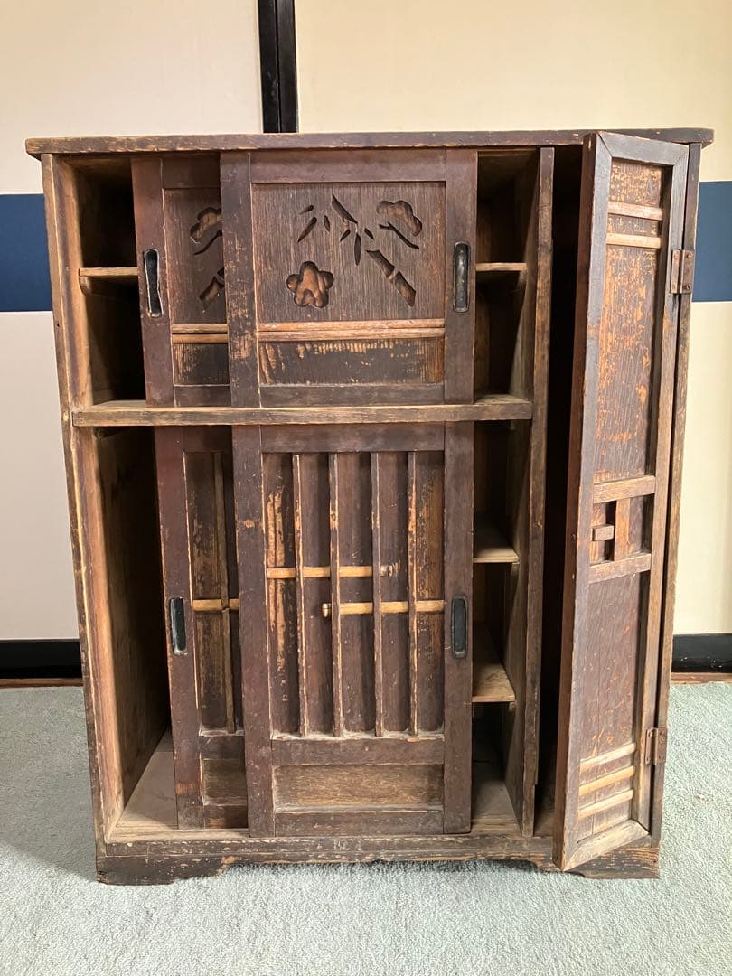 レトロ商品　木製彫刻入り　中型下駄箱　傘入れ　アンティーク家具