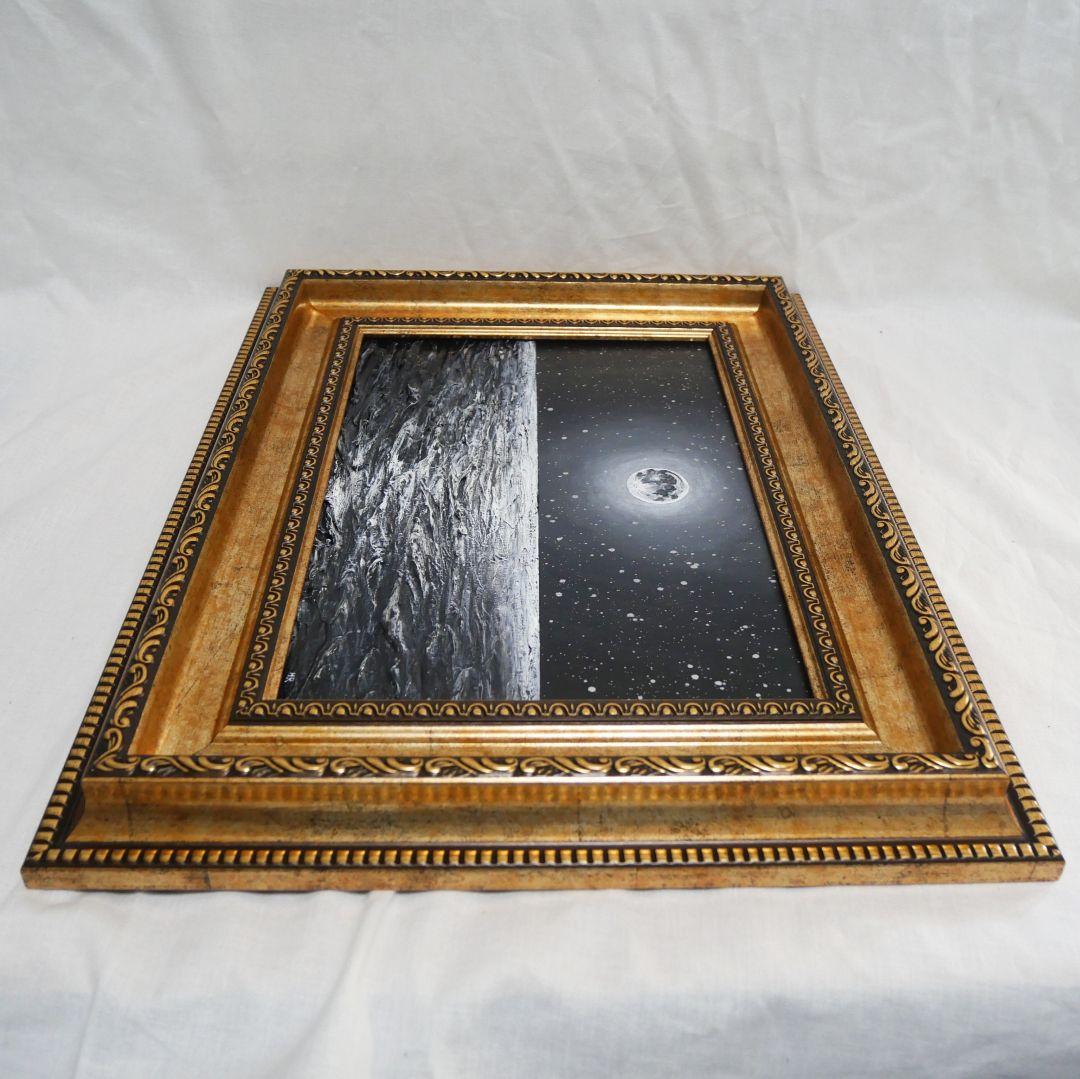 【作品名】：油絵【白黒の満月と星空の海】