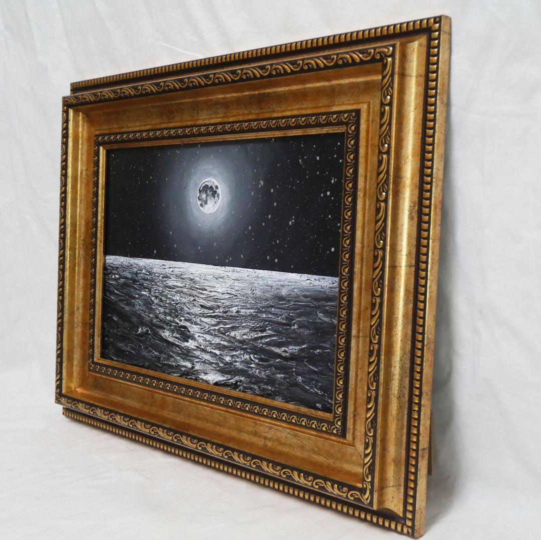 【作品名】：油絵【白黒の満月と星空の海】