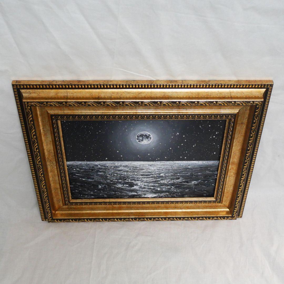 【作品名】：油絵【白黒の満月と星空の海】