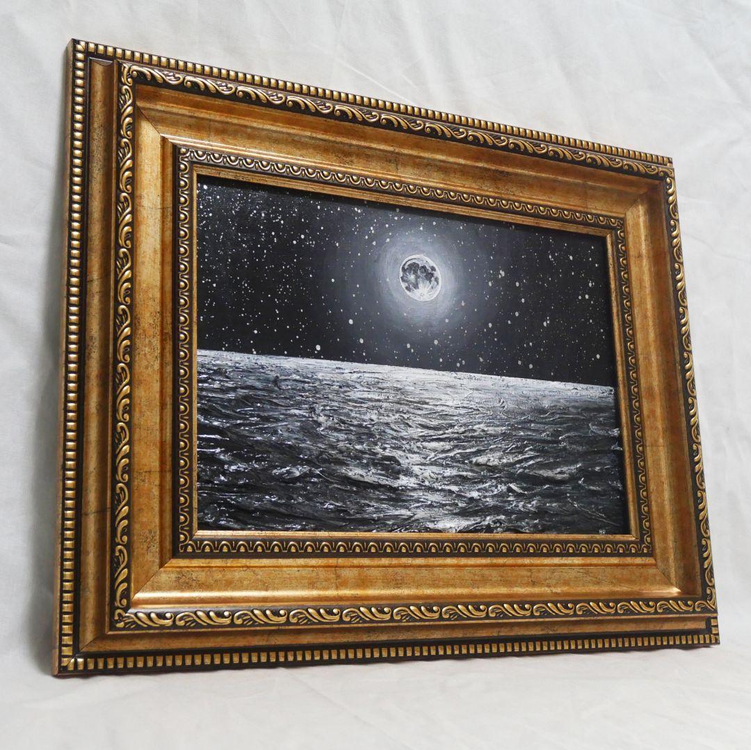 【作品名】：油絵【白黒の満月と星空の海】