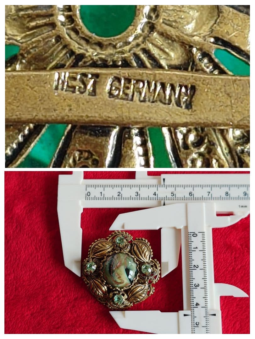 西ドイツヴィンテージ 1950s 希少 ブローチ 植物モチーフ 硝子装飾 D92