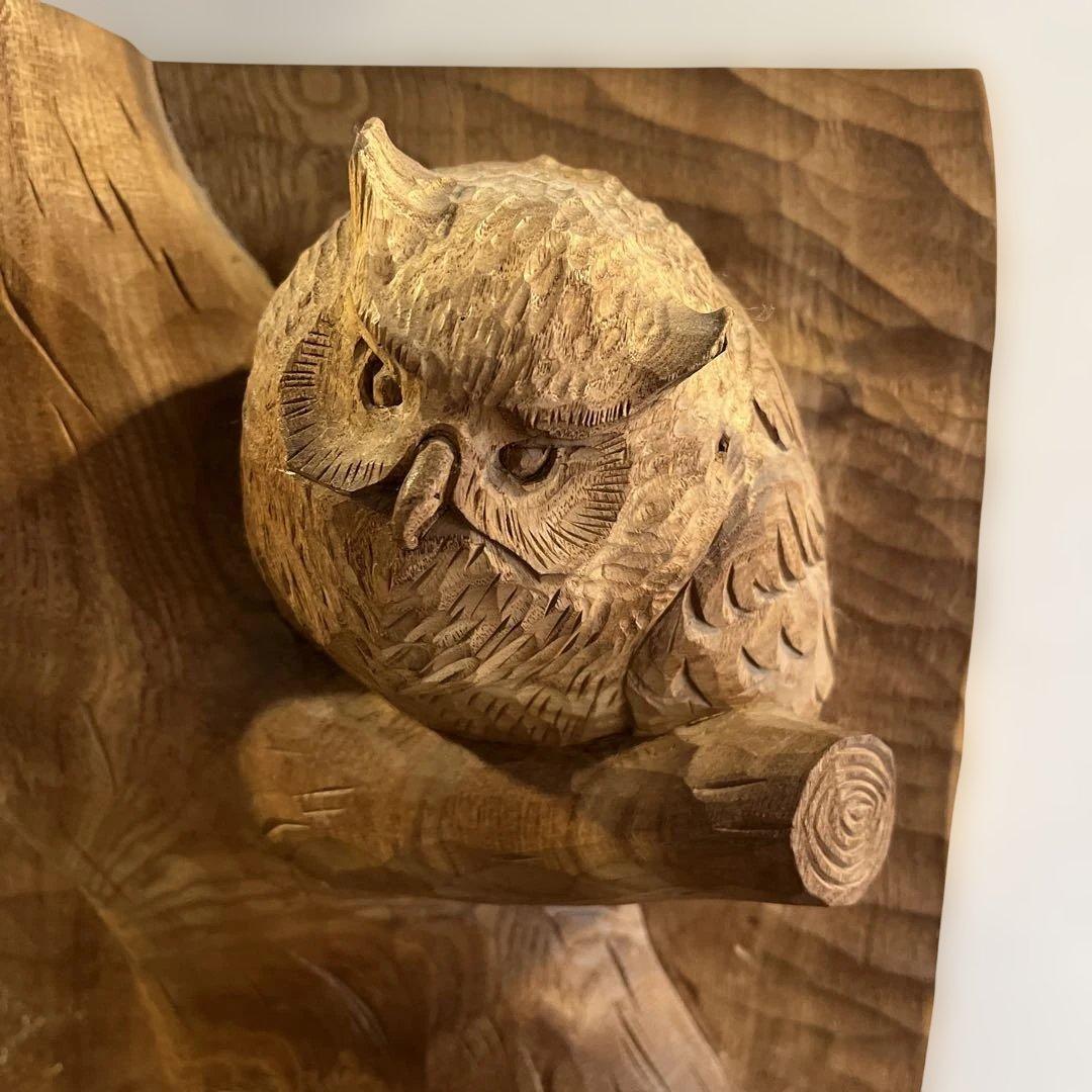 フクロウ 手彫り 在銘 上西捷敏 木彫り 工芸品 彫刻 コレクション　送料無料