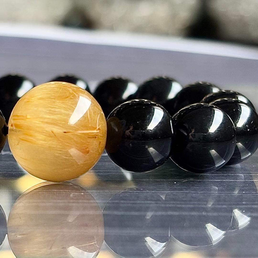 15.5mm ゴールドルチル　オブシディアン　ブレスレット　天然石