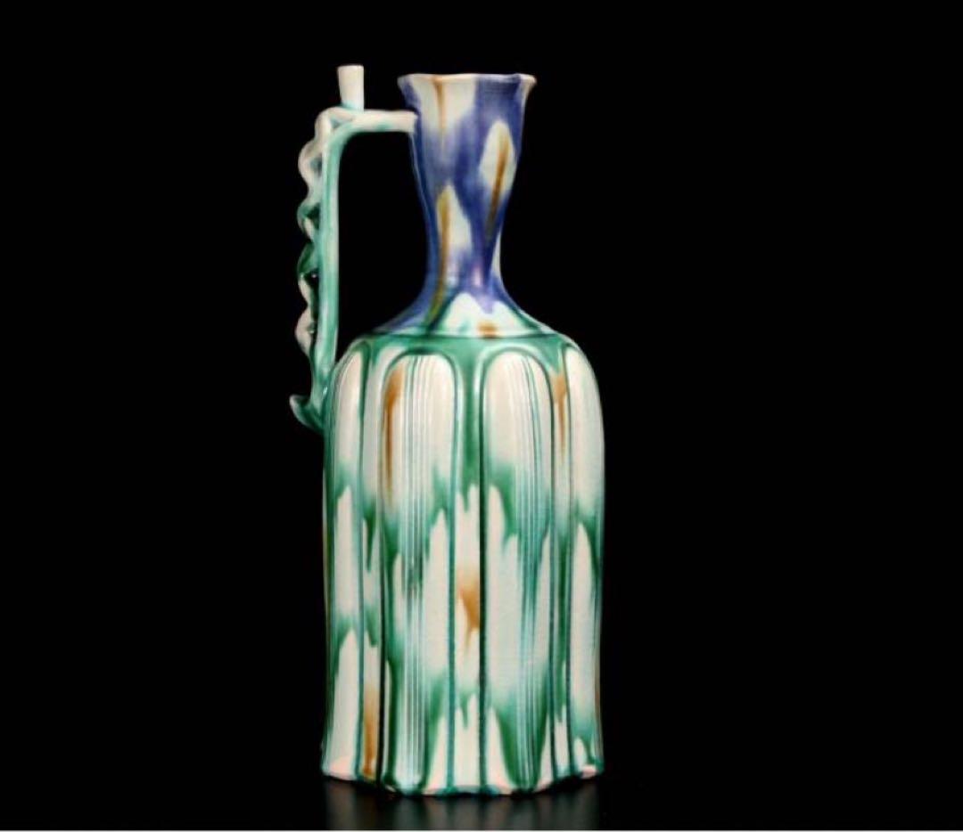 人間国宝 加藤卓男 正倉院復元 三彩 櫛目手付花入 本物保証(チョコ)