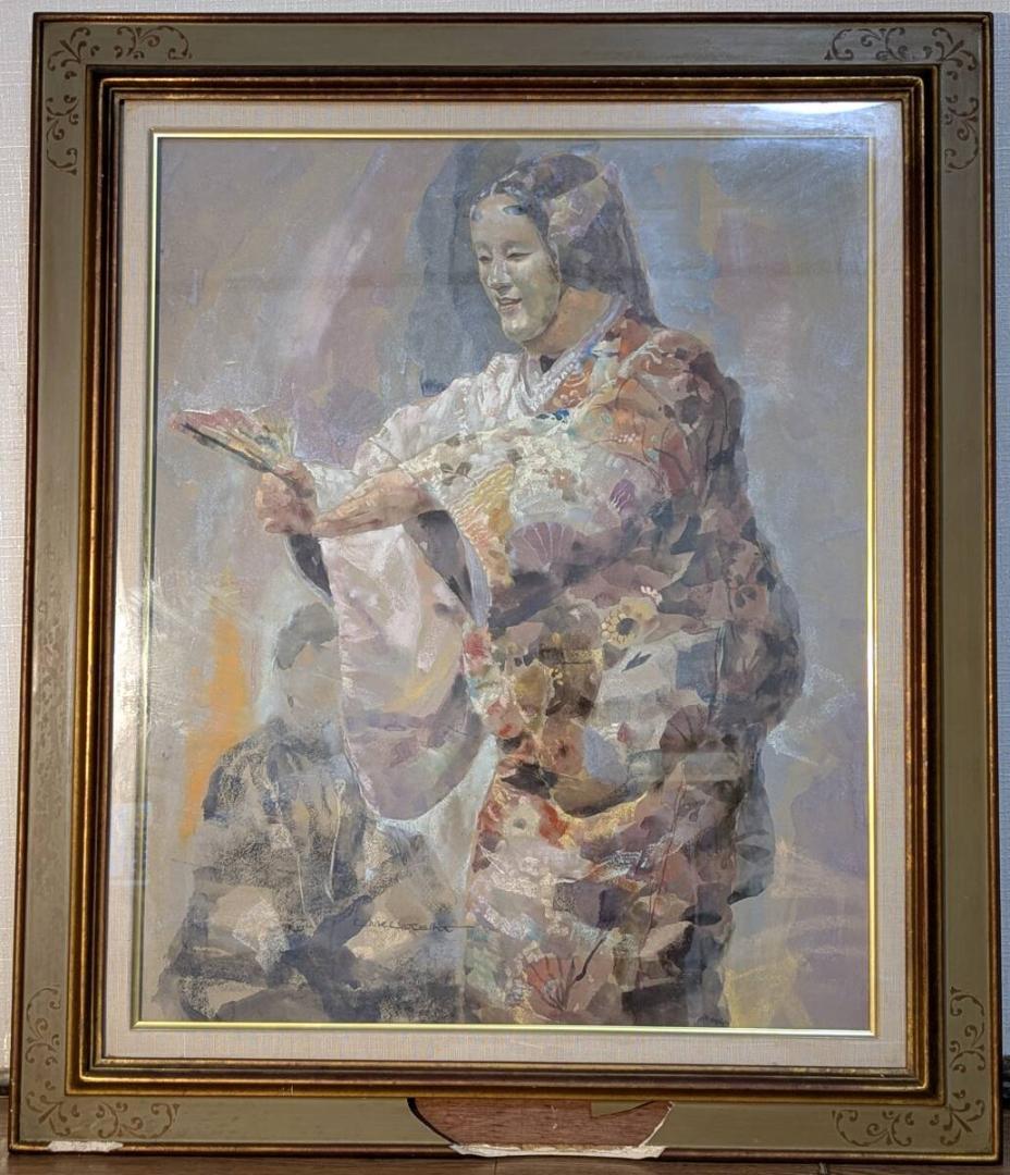 【真作】絵画　赤石文雄　パステル画　花筐　華やぐ和の舞姿　優雅な能舞　X180