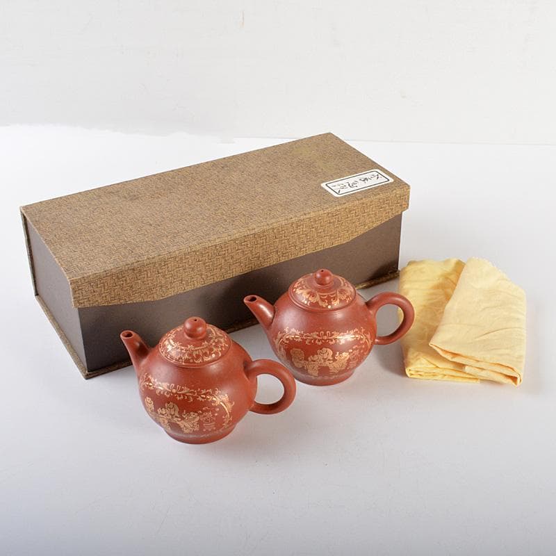 中国　洪星紫砂　朱泥　金彩山水人物文　急須　茶壷　箱付　C　6008