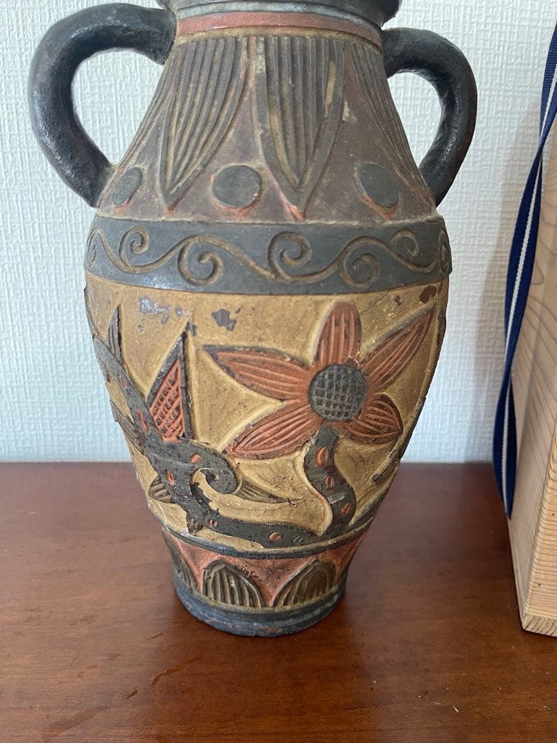 【コレクション整理】沖縄 焼物 壺屋焼 琉球古典焼 陶器 やちむん 花瓶 木箱付