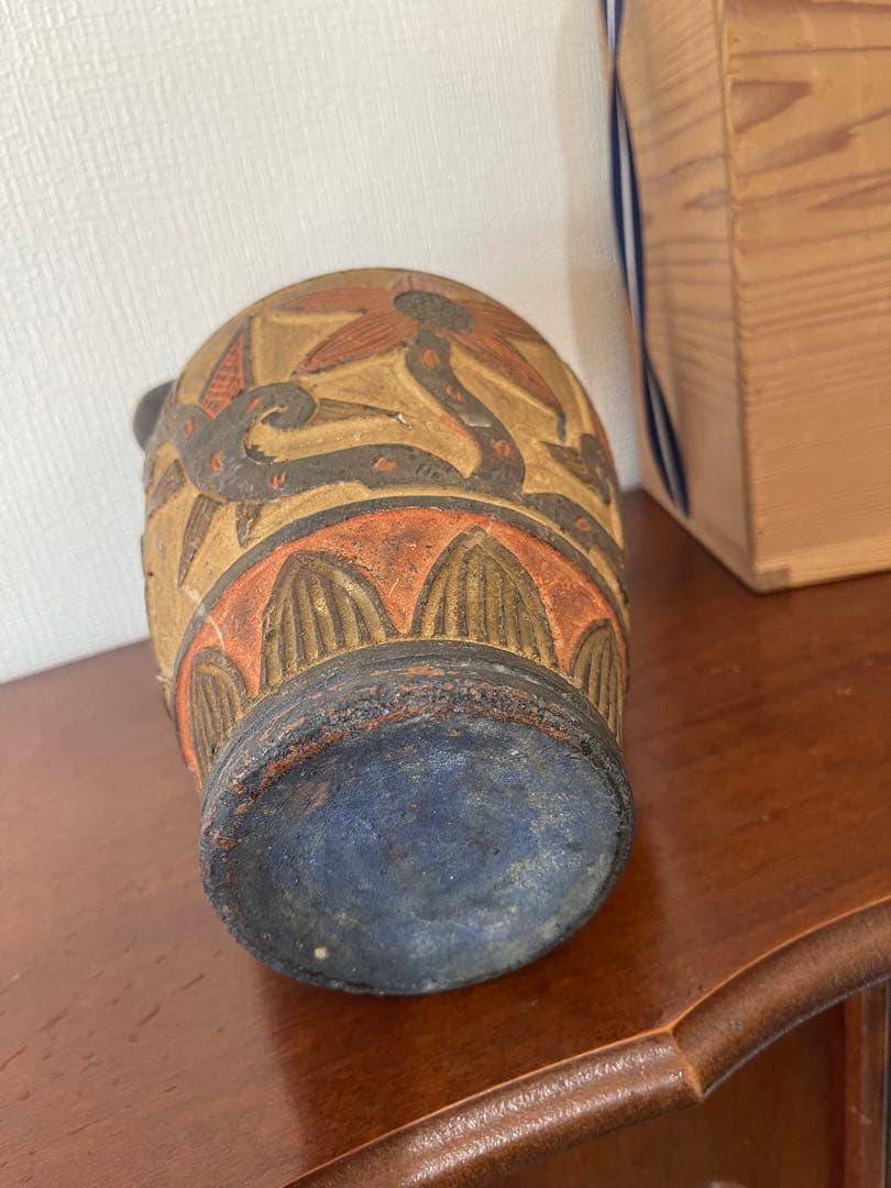 【コレクション整理】沖縄 焼物 壺屋焼 琉球古典焼 陶器 やちむん 花瓶 木箱付