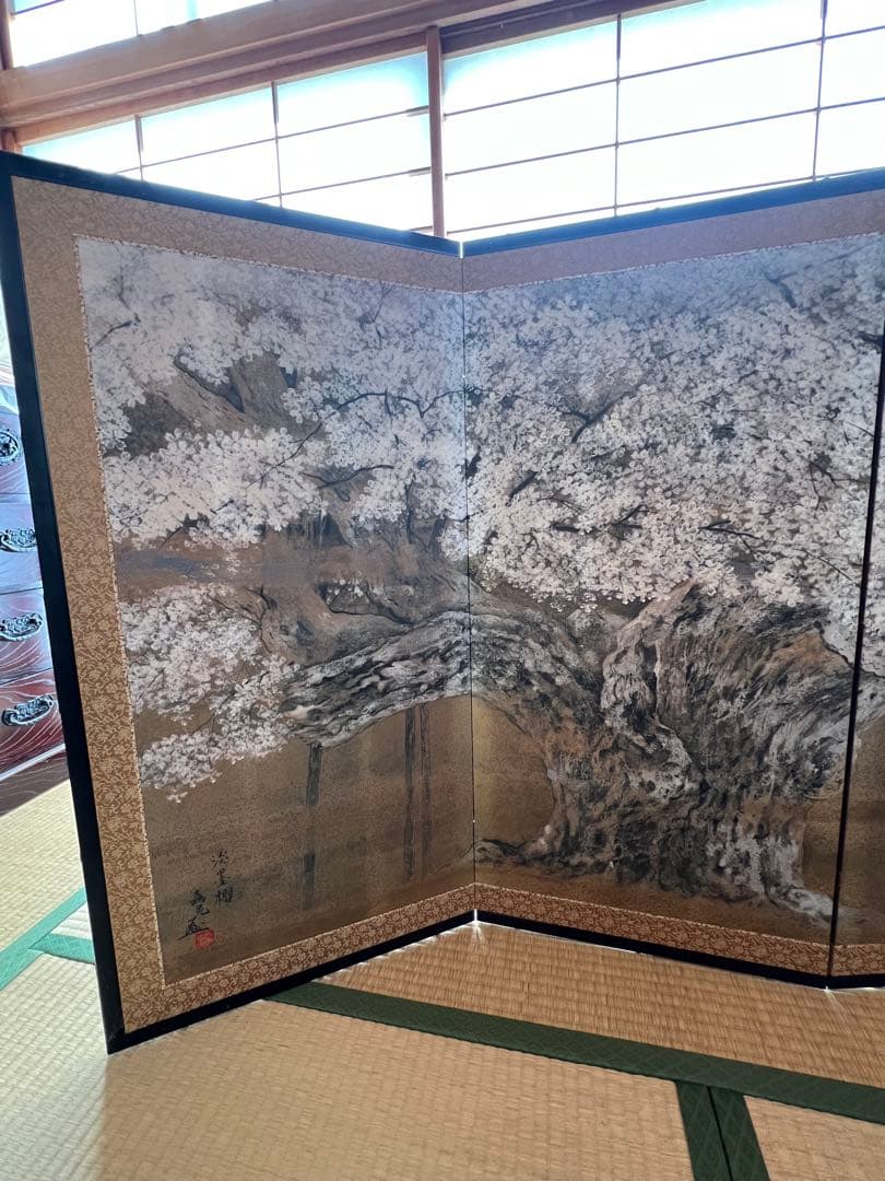 伊藤嘉晃 淡墨桜図 屏風 四曲一隻 複製画 日本画家