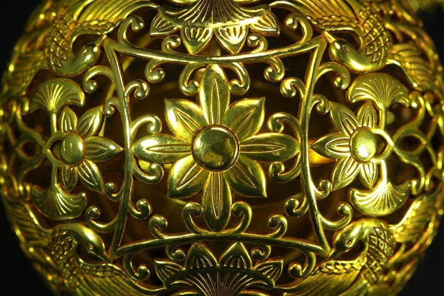 香道具 鍍金 纏枝蓮花 鳳紋透かし 吊り香炉 球香炉 唐物(K-YC347-2)