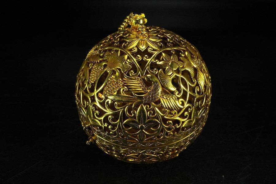 香道具 鍍金 纏枝蓮花 鳳紋透かし 吊り香炉 球香炉 唐物(K-YC347-2)