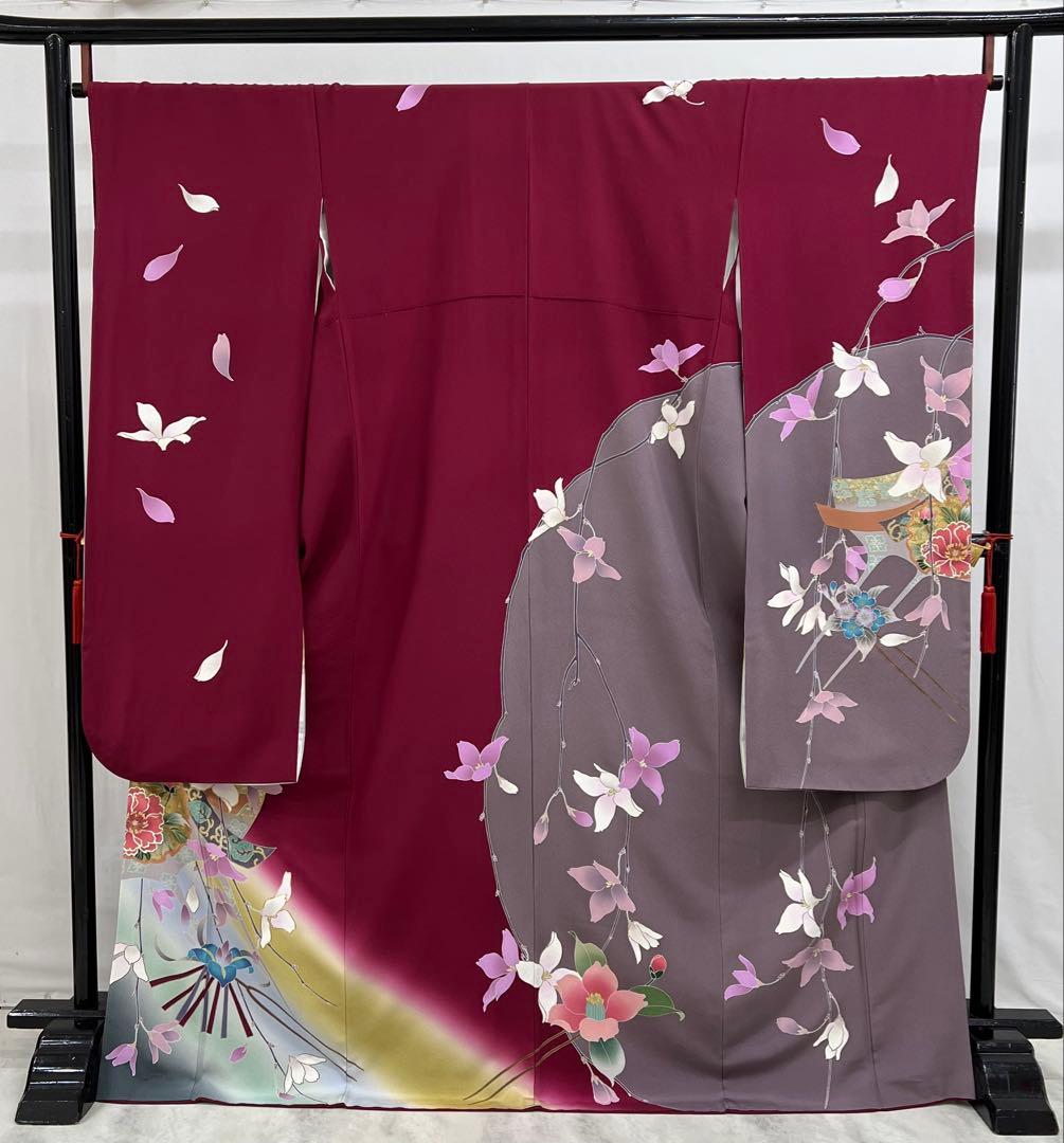 振り袖　フルセット　長襦袢付　赤　金彩加工　パールトーン　刺繍入り　522