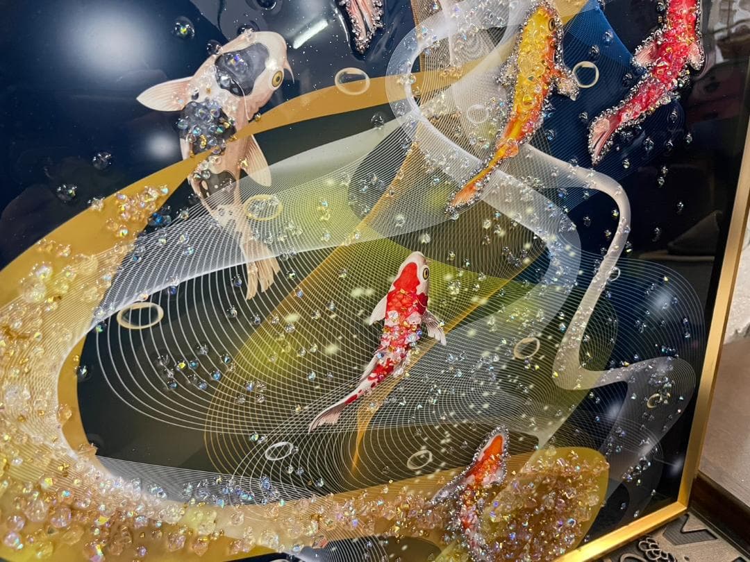 水晶絵　アートパネル　昇り鯉　鯉の滝登り　鯉　コイ　クリスタル　絵画　アート