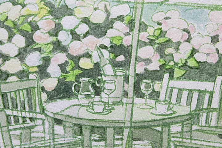 笹倉鉄平 【あじさいのテラス】 リトグラフ