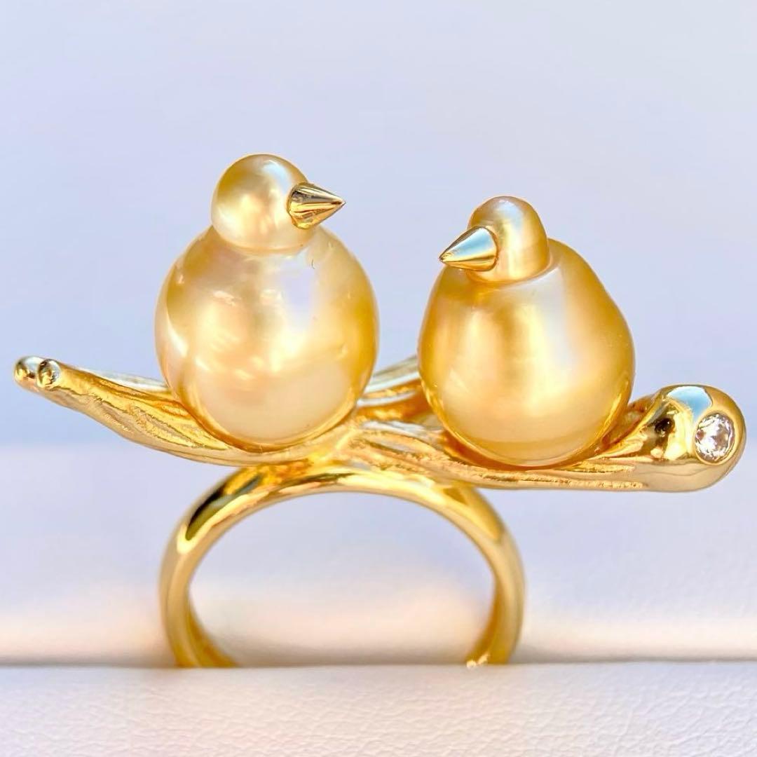 本真珠南洋白蝶真珠ゴールド&濃金s925「鳥と枝」リングY1005