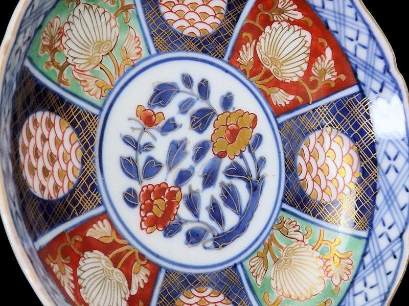 大聖寺伊万里　金襴手　青海波に牡丹の図　４寸皿　５枚　B205AS-CZe