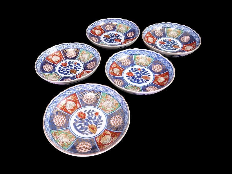 大聖寺伊万里　金襴手　青海波に牡丹の図　４寸皿　５枚　B205AS-CZe