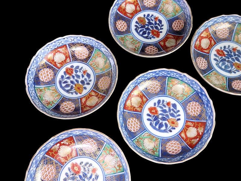 大聖寺伊万里　金襴手　青海波に牡丹の図　４寸皿　５枚　B205AS-CZe