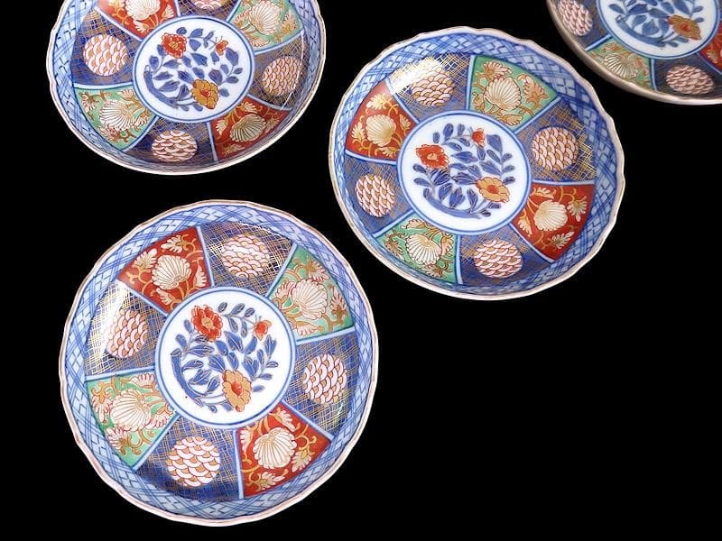 大聖寺伊万里　金襴手　青海波に牡丹の図　４寸皿　５枚　B205AS-CZe