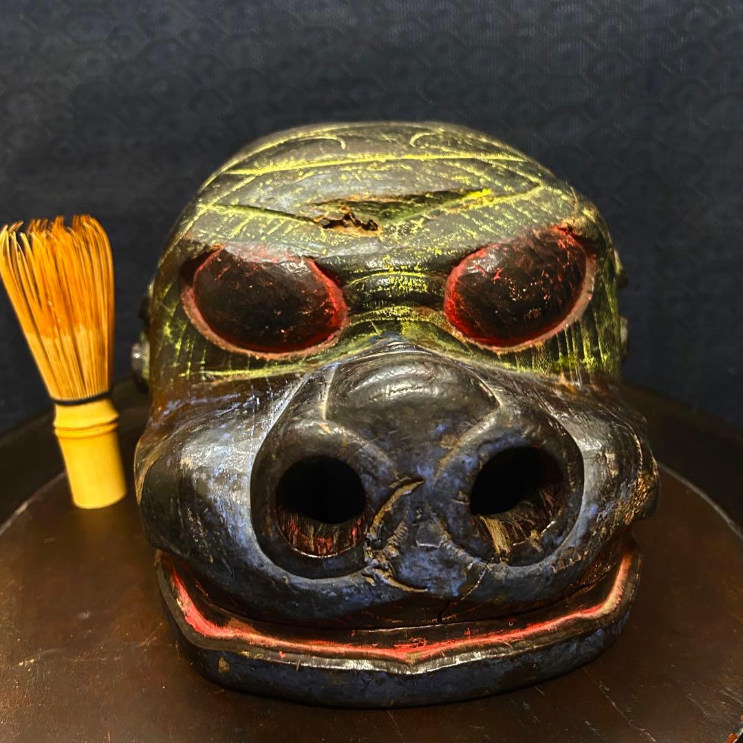 珍品　魚沼市旧家蔵出し品　極彩色　獅子頭　江戸期　時代保証