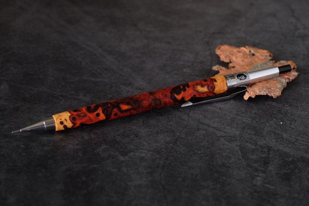 PG5木軸カスタム0214　高村杢工房 製図用シャープペンシル　極上花梨瘤紅白