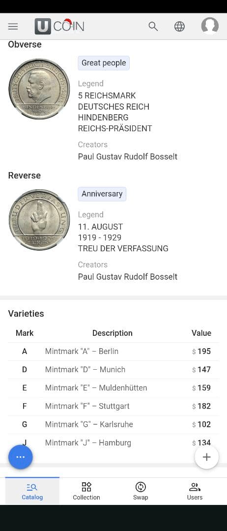 1929年 ドイツ銀貨ワイマール共和国5マルク ワイマール憲法10周年記念銀貨