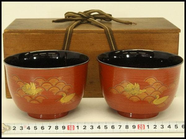 朱塗刷毛目 鴛鴦蒔絵 椀 一対 時代物(ZE659)