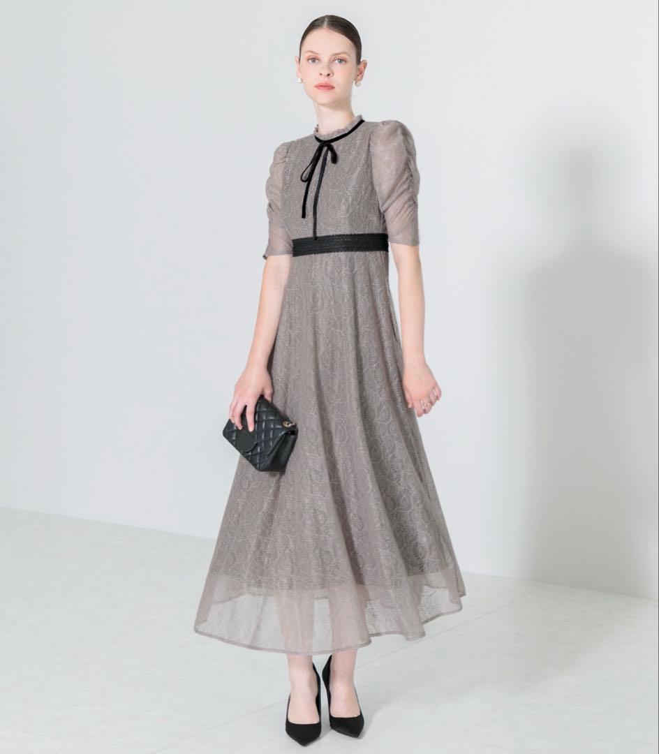 【LEJA】ウエストマークパフスリーブ総レースロングドレスワンピースS