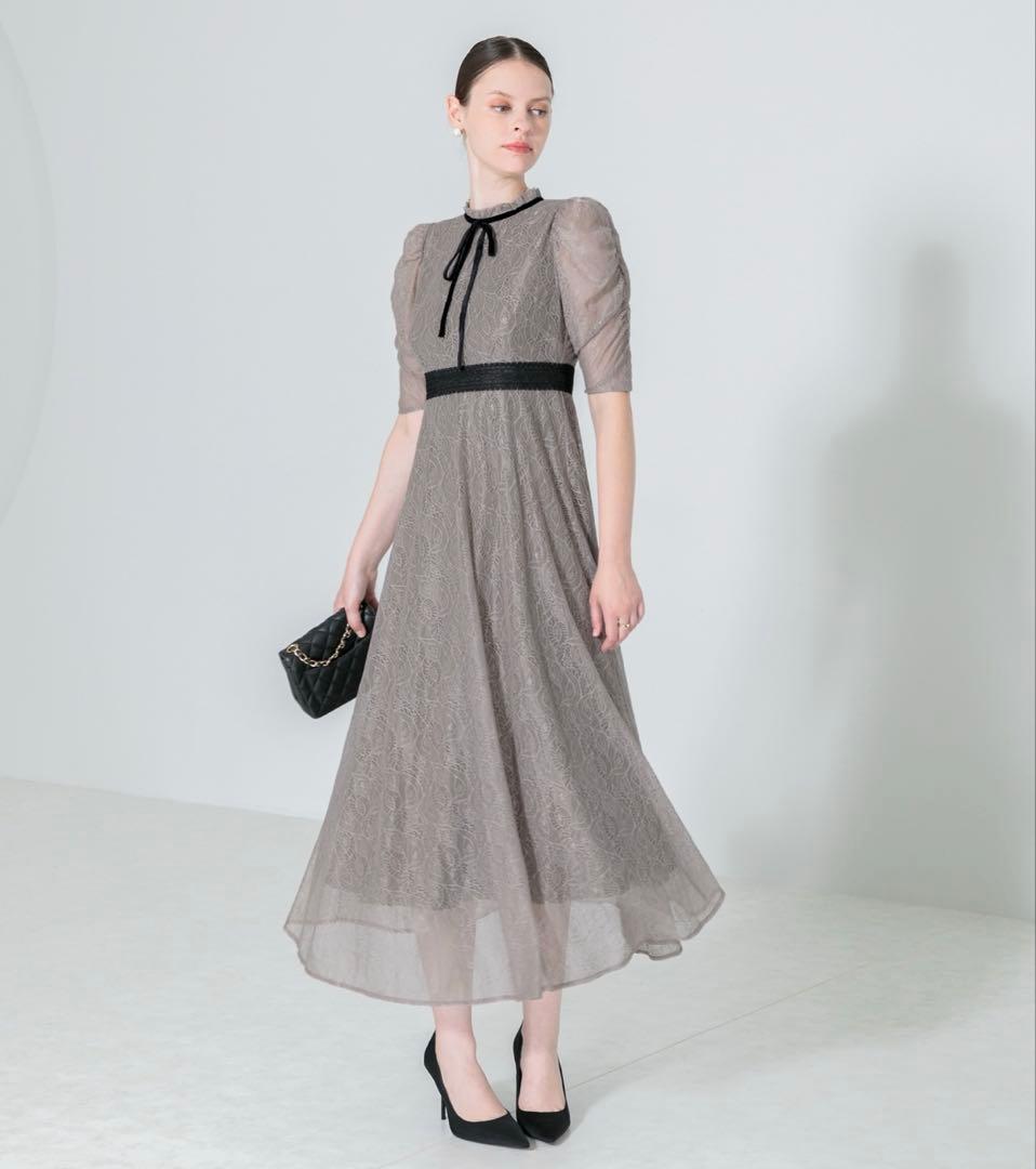 【LEJA】ウエストマークパフスリーブ総レースロングドレスワンピースS