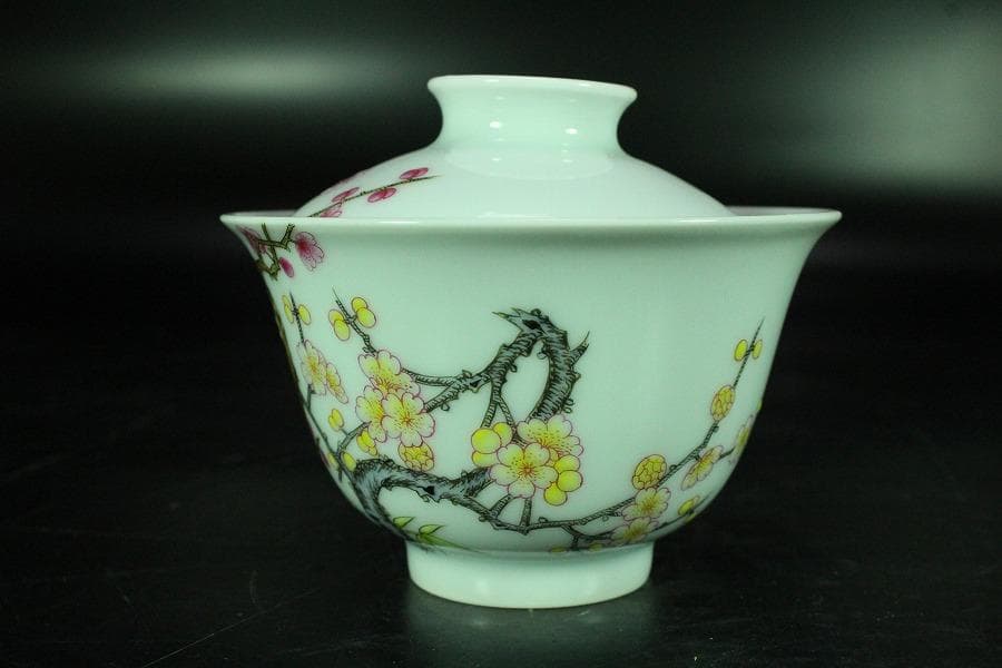 中国美術 粉彩 花鳥画 蓋碗 皿 一対(K-HA502)