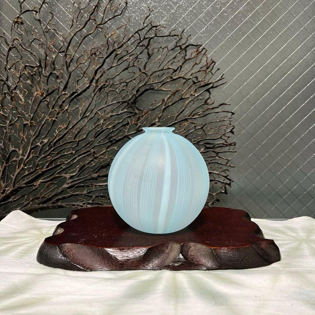 骨董　現代作家　富山ガラス工房　作家作品　縞模様　スカイブルー　かぶら型　花器